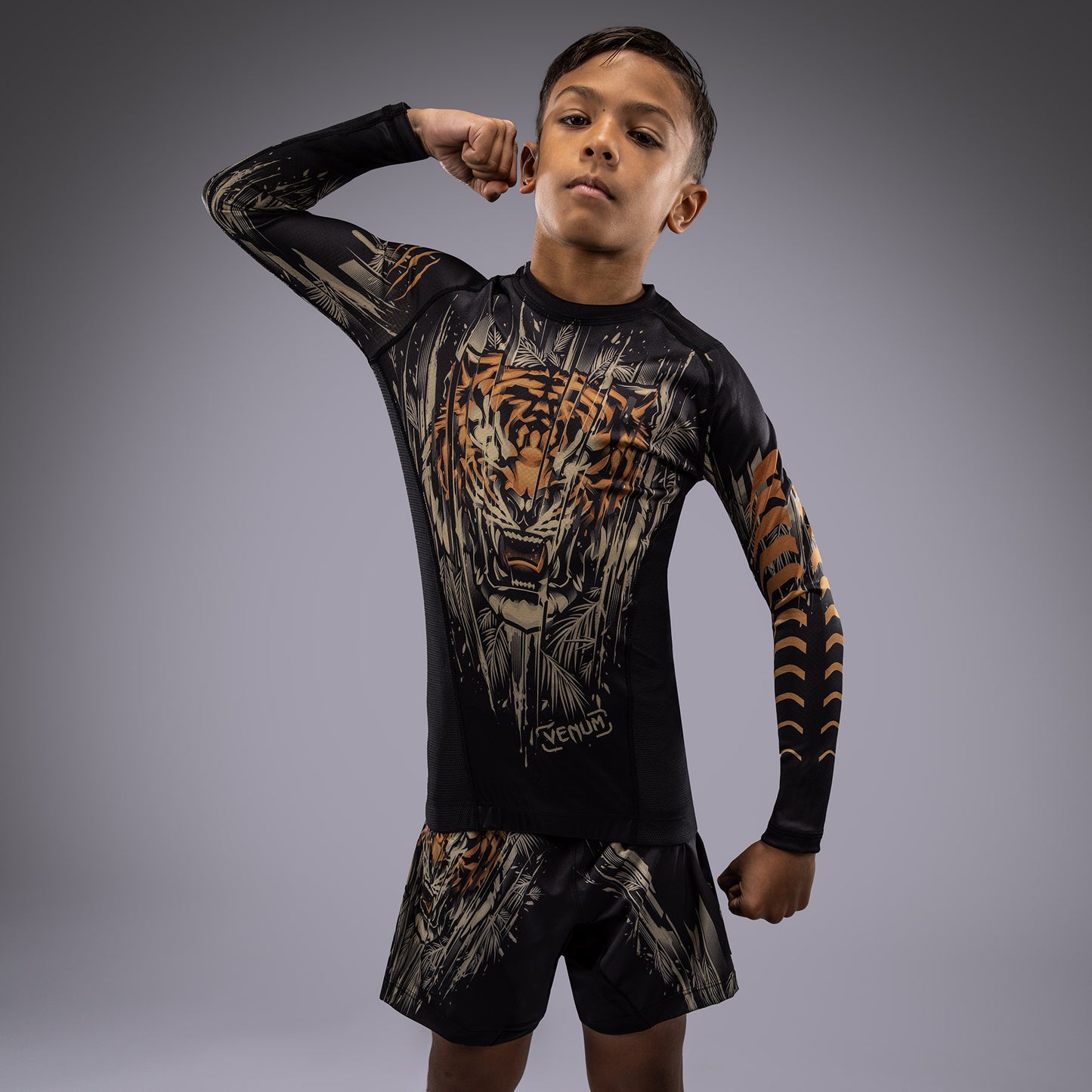 Venum Tiger Kids Long Sleeve Rashguard - Black/Neon Orange