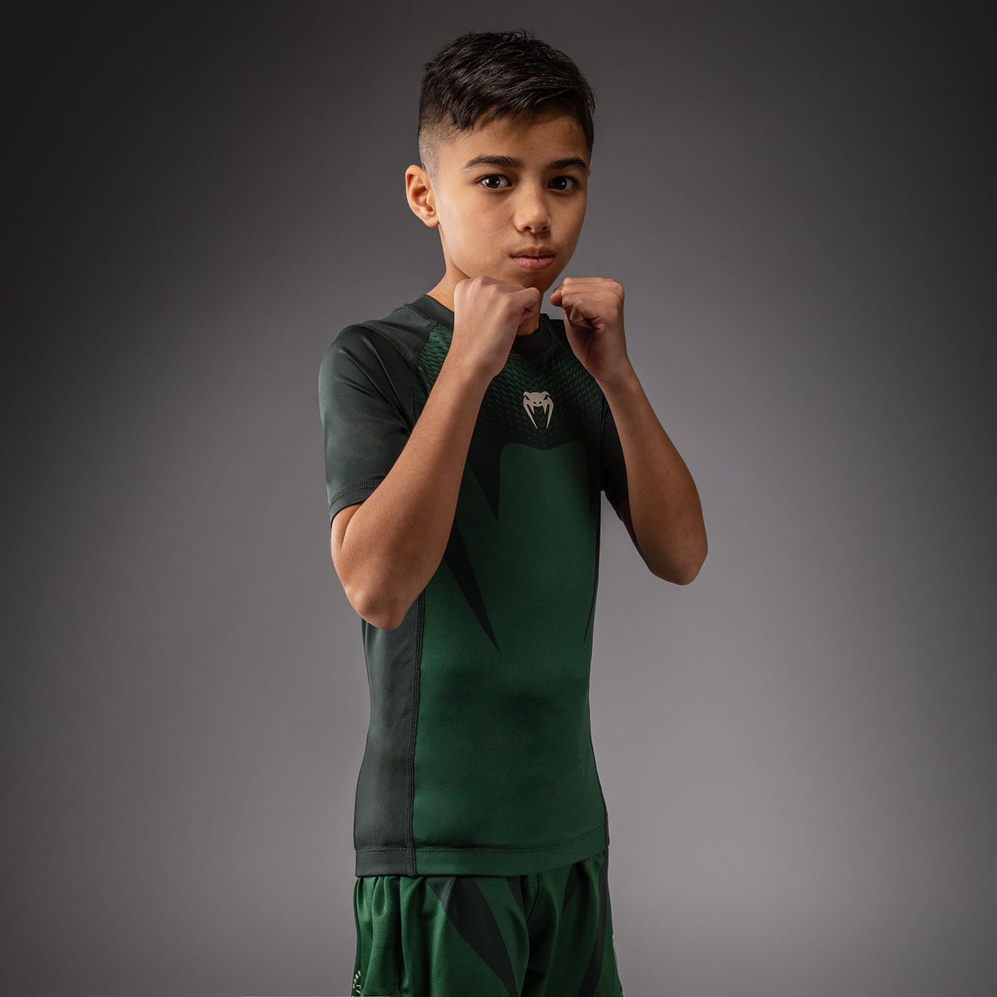 Venum Attack Kids Short Sleeve Rashguard - Forest Green/ Off White