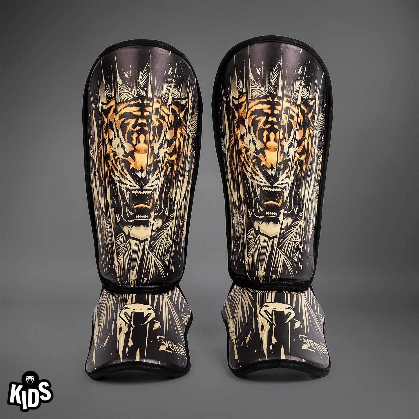 Venum Tiger Kids Shin Guards - Black/Neon Orang
