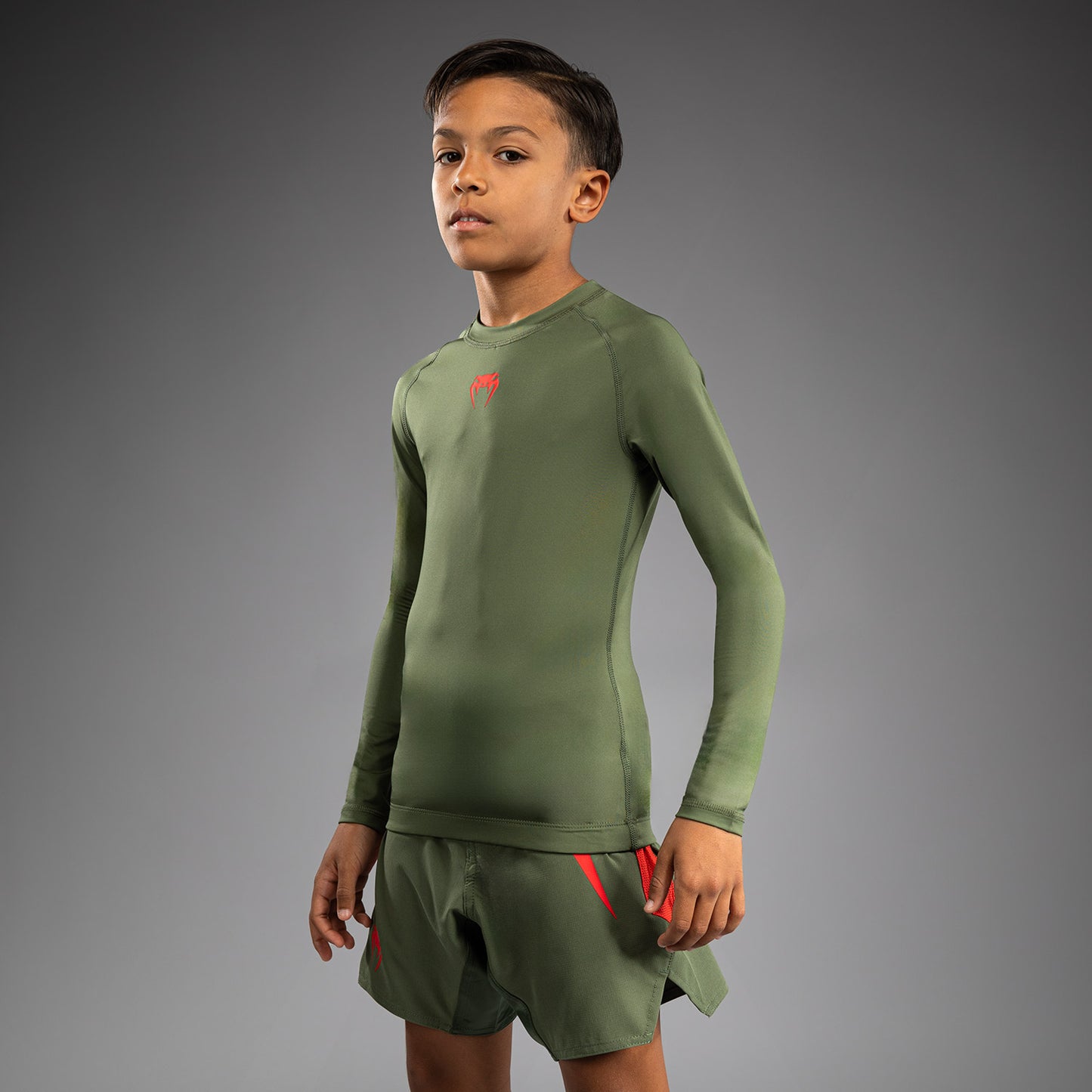 Venum Contender Kids Rashguards Long Sleeves - Army Green/Orange