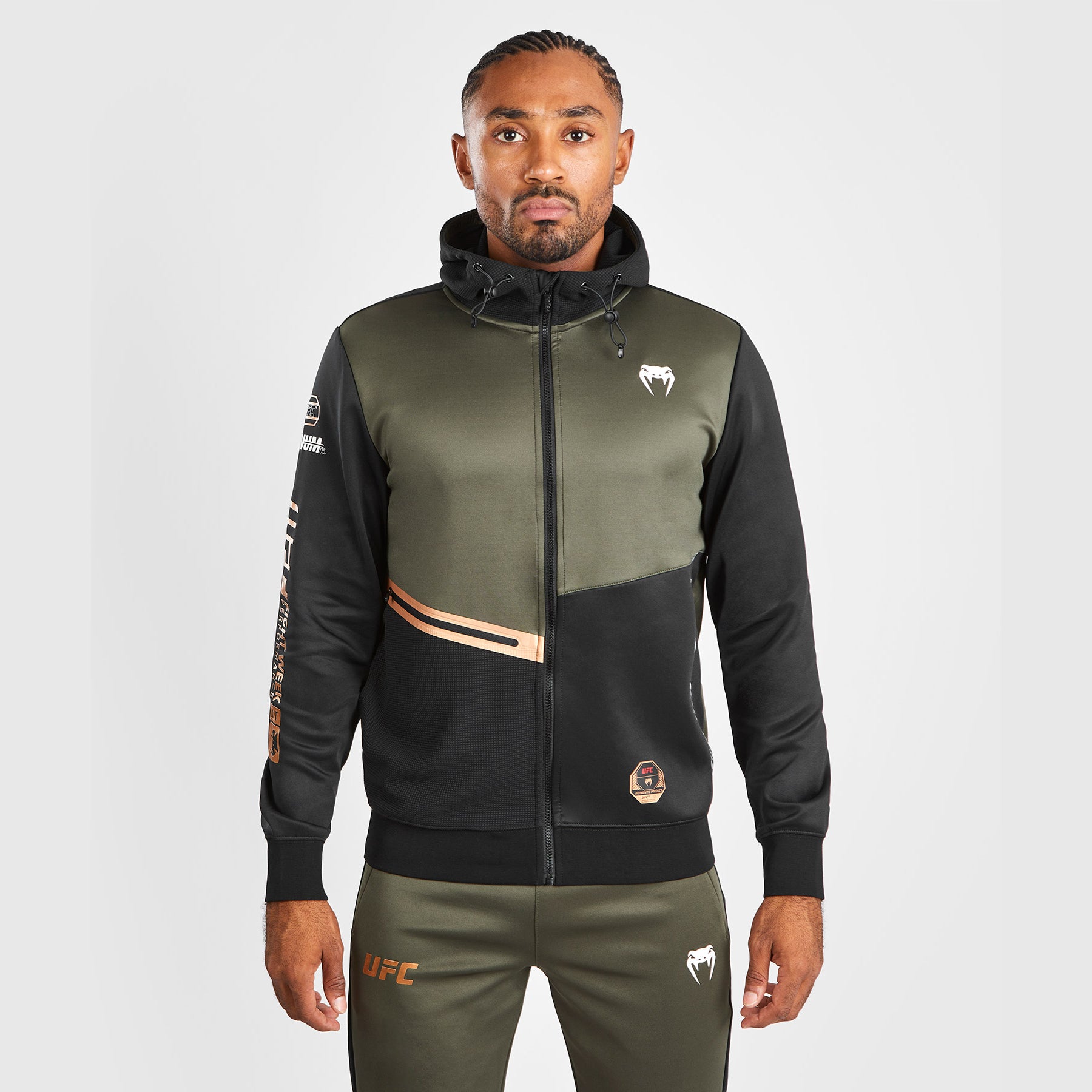 注目のブランド UFC Adrenaline by Venum Fight Week Men's Zip Hoodie - Khaki ボクシング