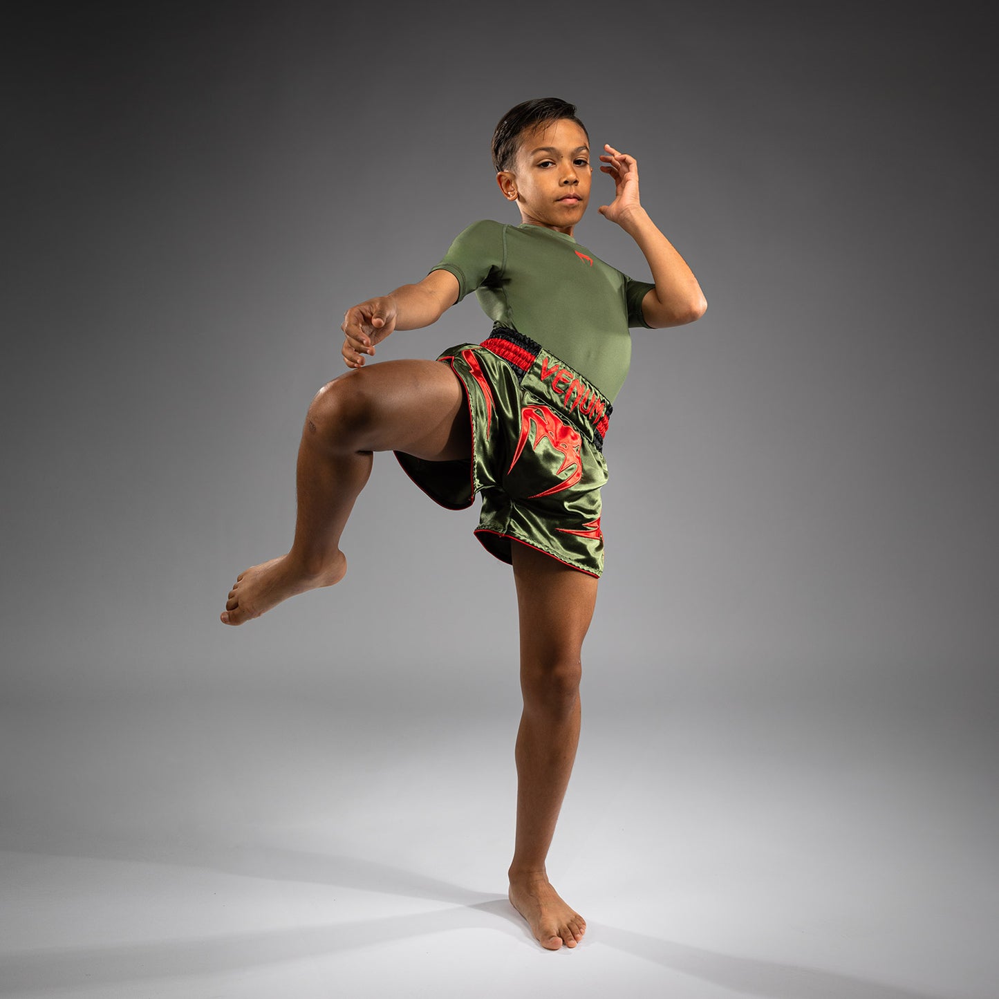 Venum Inferno Kids Muay Thai Shorts - Army Green/Orange