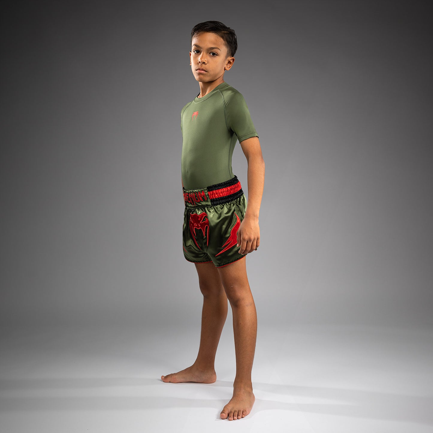 Venum Inferno Kids Muay Thai Shorts - Army Green/Orange
