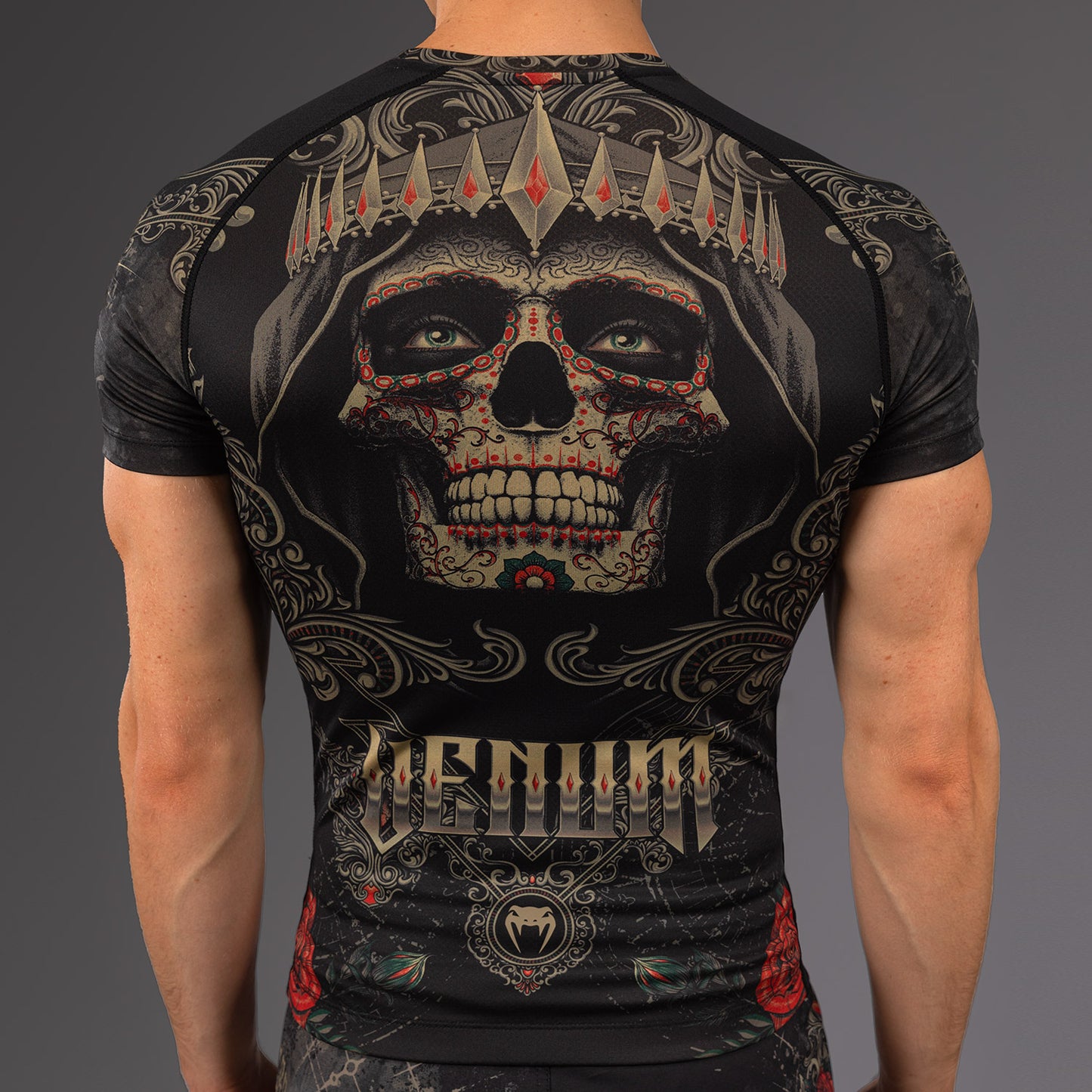 Venum Santa Muerte 5.0 Men’s Short Sleeve Rashguard - Deep Black/Gold