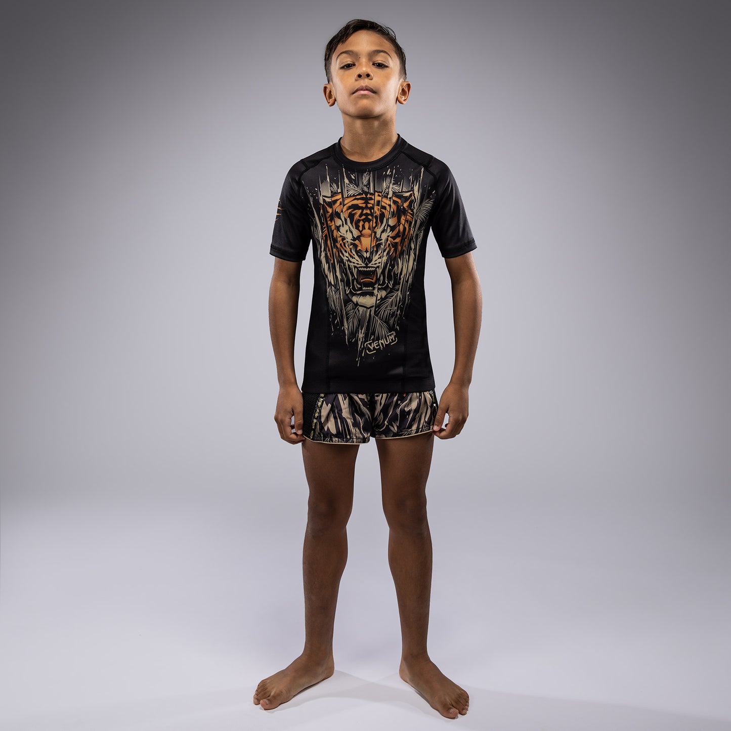 Venum Tiger Kids Short Sleeve Rashguard - Black/Neon Orange