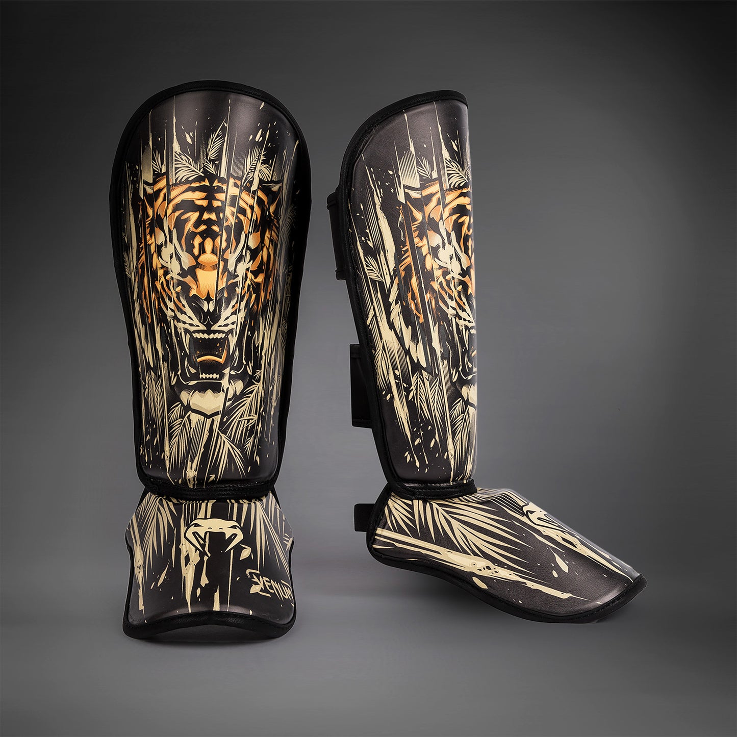 Venum Tiger Kids Shin Guards - Black/Neon Orang