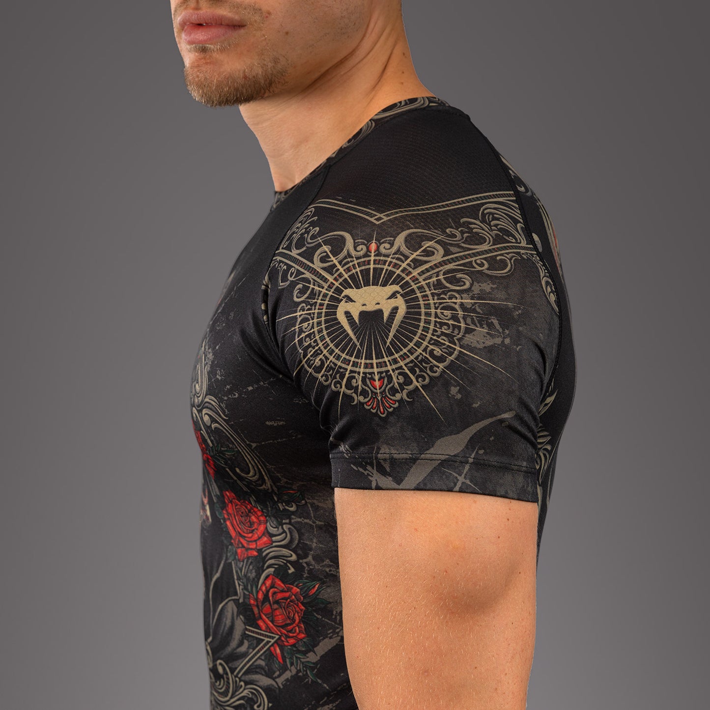 Venum Santa Muerte 5.0 Men’s Short Sleeve Rashguard - Deep Black/Gold