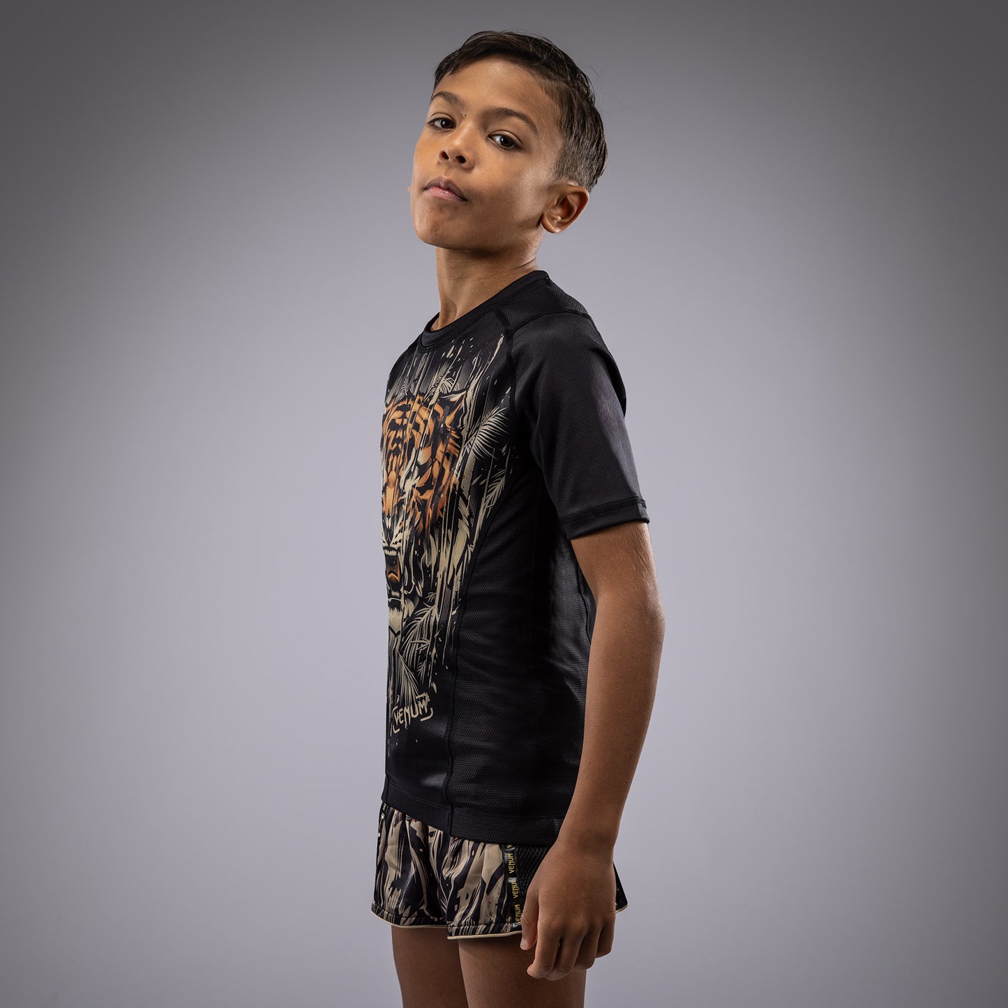 Venum Tiger Kids Short Sleeve Rashguard - Black/Neon Orange