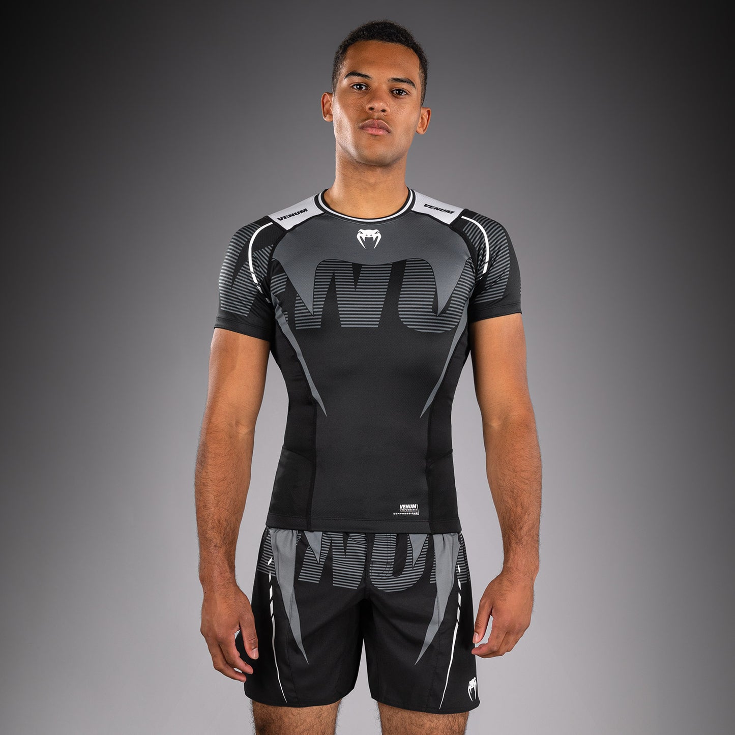 Venum Adrenaline Short Sleeve Rashguard - Black/Silver Grey