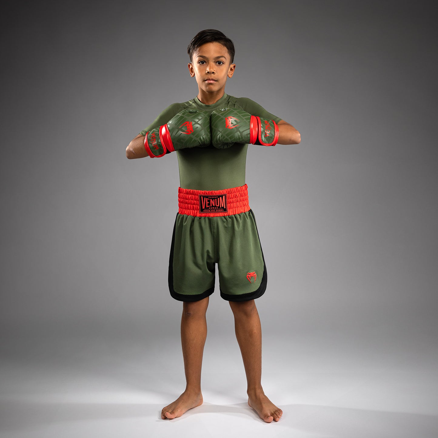 Venum Classic Kids Boxing Shorts - Army Green/Orange