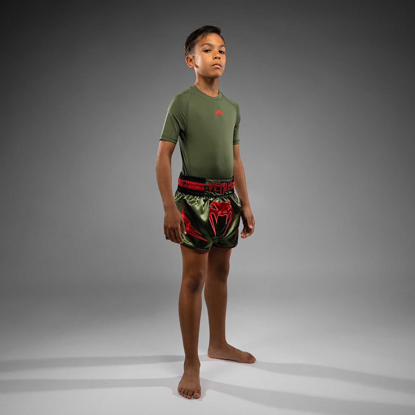 Venum Inferno Kids Muay Thai Shorts - Army Green/Orange
