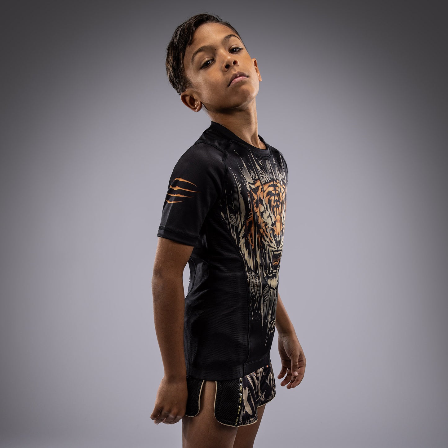 Venum Tiger Kids Short Sleeve Rashguard - Black/Neon Orange