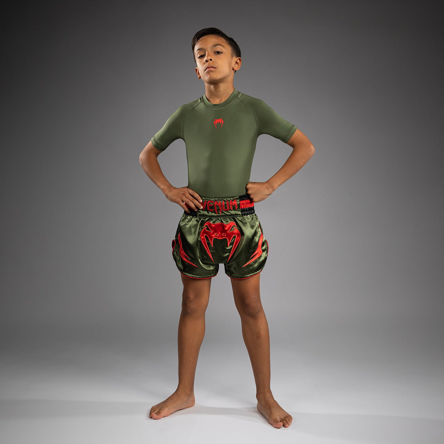 Venum Inferno Kids Muay Thai Shorts - Army Green/Orange